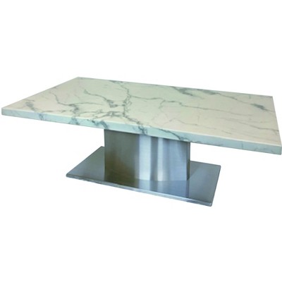 HomeRoots 51" White And Silver Genuine Marble And Stainless Steel Pedestal Coffee Table
