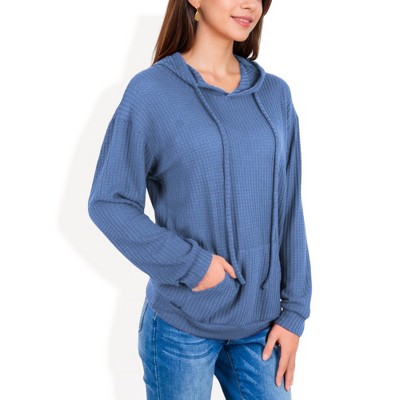 Anna-Kaci Women's Waffle Knit Solid Color Hoodie with Front Pockets