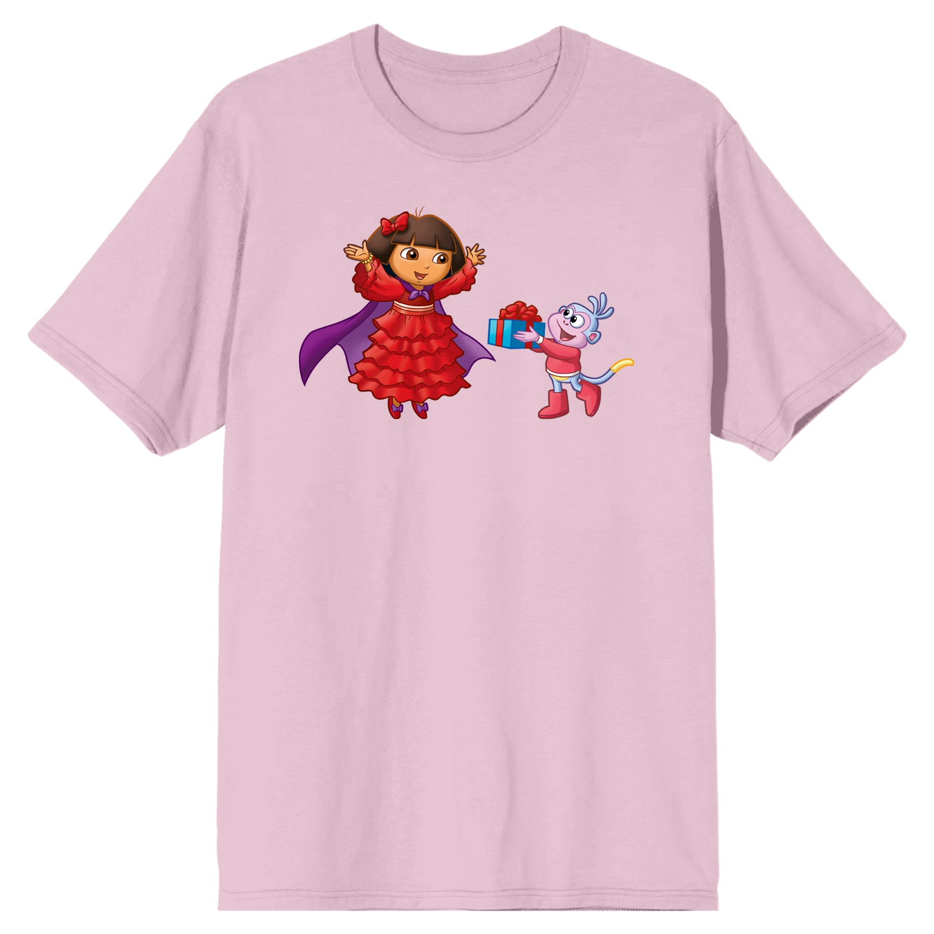 Dora The Explorer Animated Dora & Boots Exchanging Gifts Crew Neck Short Sleeve Cradle Pink Adult T-shirt-XL
