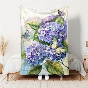 Lomsoe Butterfly Hydrangea Print Flannel Blanket - All Seasons Soft and Warm Throw Blanket for Bed, Napping, Camping, Travel, Office - 1 of 4