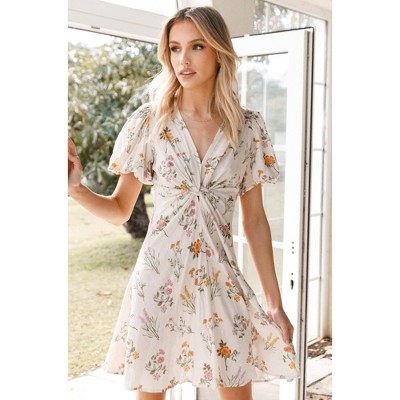 Petal and Pup Women's August Knot Front Mini Dress - Beige Floral XL