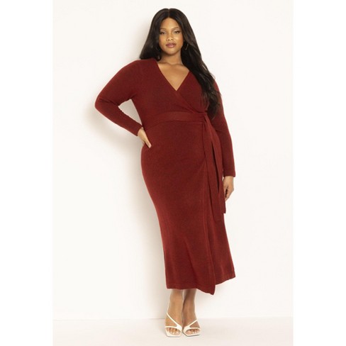 Plus size burgundy wrap sales dress