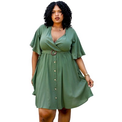 Anna-Kaci Women's Plus Size O-Ring Tied Belt Waist Butterfly Flare Sleeve Dress