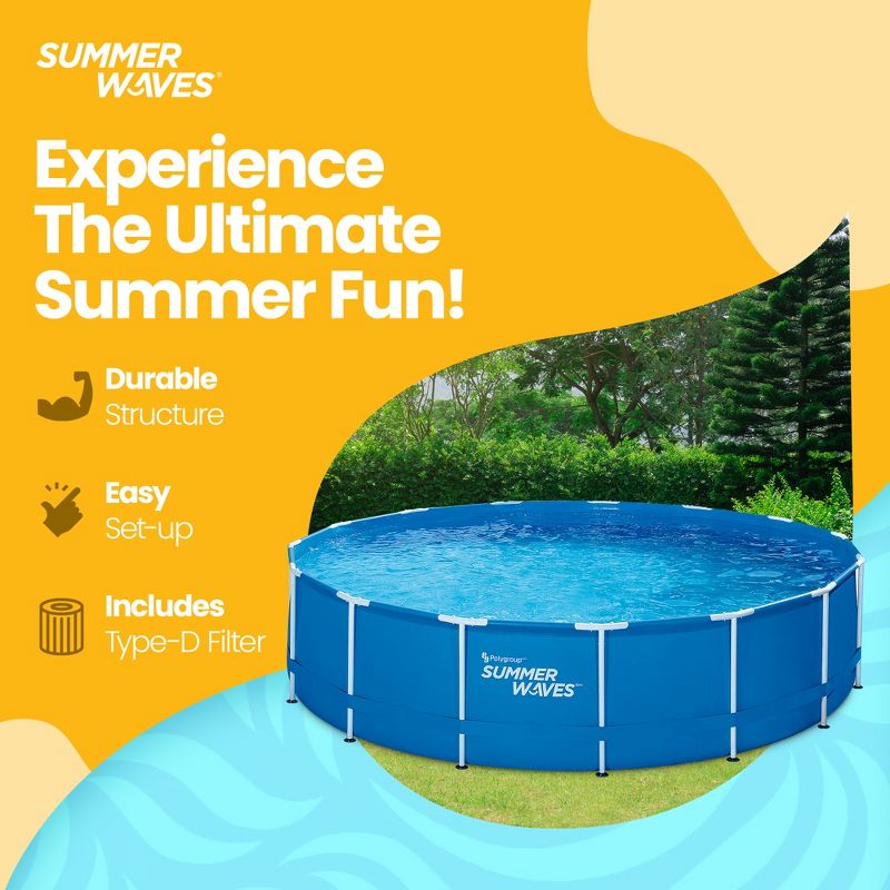 Summer Waves 15 Feet x 33 Inches Durable Round Metal Frame Above Ground Pool Set with SkimmerPlus Pump and Type D Filter Cartridge, Blue, 2 of 7