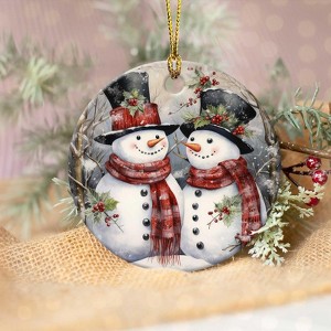 Snowman Couple Ornament Round Ceramic Ornaments Xmas Keepsake for Christmas Tree Winter Holiday Xmas Gift - 1 of 4