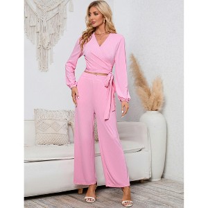 2 Piece Outfits for Women Long Sleeve Sexy V Neck Wrap Tie Knot Crop Tops Wide Leg Pants Sets - 1 of 4