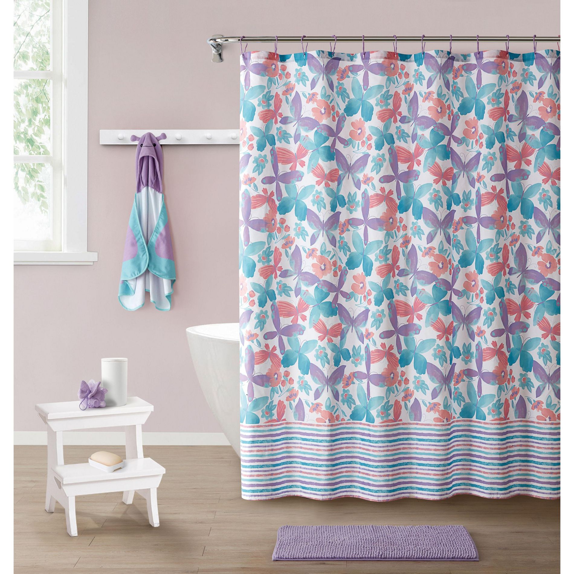 Kate Aurora Montauk Accents Complete 5 Piece Juvi Butterfly Themed Fabric Shower Curtain Bathroom Set