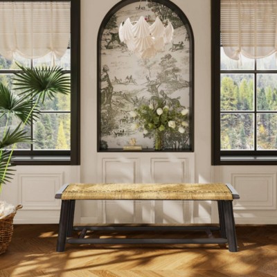 59" Farmhouse Solid Wood Rattan Bench, Dining Benche, Entryway Bench, Rustic Seating for Living Room, Bedroom-Maison Boucle