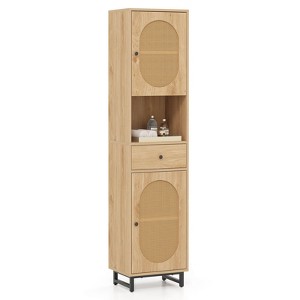 Costway 67" Tall Bathroom Cabinet with 2 Doors Open Compartment & Drawer Adjustable Shelves Beige/White - 1 of 4