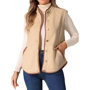 Allegra K Women's Fleece Contrast Color Button Down Sleeveless Fuzzy Jacket Vest with Pockets - 1 of 4