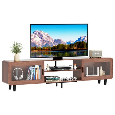 DOMETOUR Modern TV Stand for 55-70 Inch TVs, Walnut Entertainment Center with Power Outlets Storage Space, Media Console for Living Room