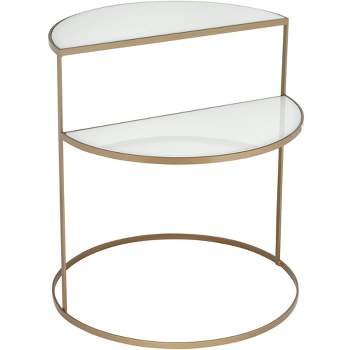 Kensington Hill Danica Modern Metal Accent Side End Table 25" x 22 1/4" Gold 2-Tier Half-Moon White Tempered Glass for Living Room Bedroom Bedside