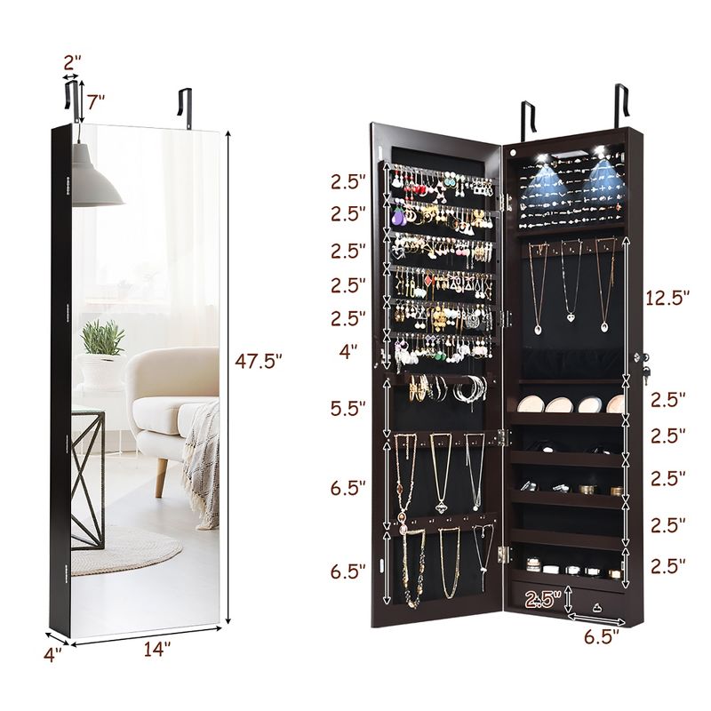 Costway Mirrored Jewelry Cabinet Jewelry Organizer w/2 LED Lights Brown, 3 of 11