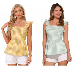 INSPIRE CHIC Women's Summer Square Neck Sleeveless Plaid Gingham Peplum Top 2 Packs - 1 of 4