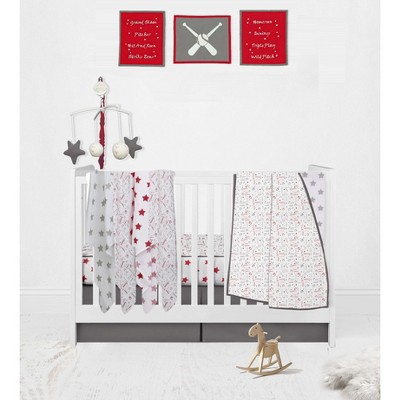 Bacati - Boys Baseball Muslin Red Gray 10 pc Crib Bedding Set with 4 Swaddling Blankets