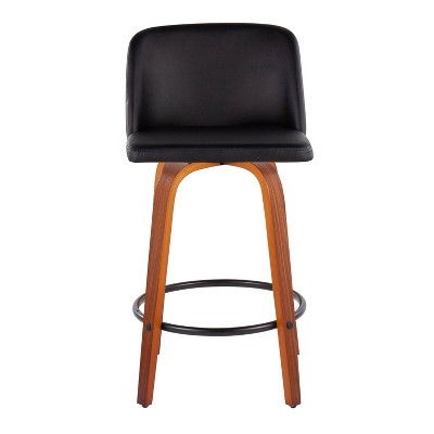 Toriano Swivel Counter Stool in Black Faux Leather with Wood Base