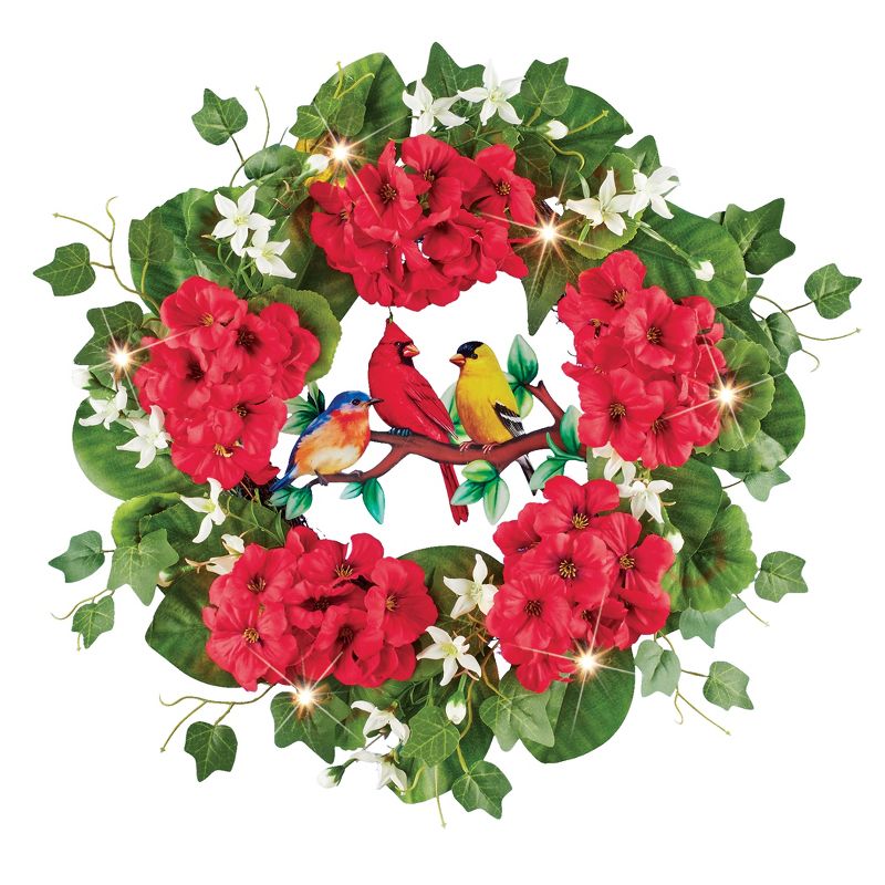 Collections Etc LED Lighted Bird Branch and Red Geraniums Wreath, 1 of 3