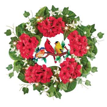 Collections Etc LED Lighted Bird Branch and Red Geraniums Wreath