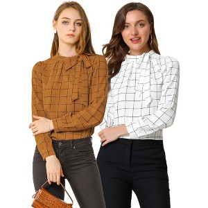 INSPIRE CHIC Women's Bow Tie Neck Keyhole Back Grid Checks Office Work Blouses 2 Packs - 1 of 4