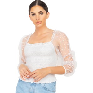 Slickblue Women's Square Neck Smocking Top with Mesh Sleeves - Ruffled Neckline, Dusty Blush or White, Size S-L - 1 of 4