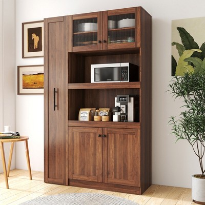PDTEND Farmhouse Kitchen Pantry Cabinet with Multi-Functional Pull-Out Multi-Tier Shelf and 4 Doors
