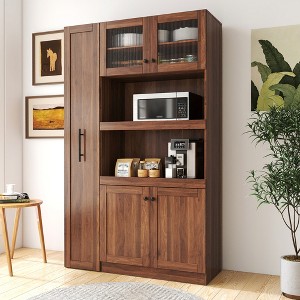 PDTEND Farmhouse Kitchen Pantry Cabinet with Multi-Functional Pull-Out Multi-Tier Shelf and 4 Doors - 1 of 4