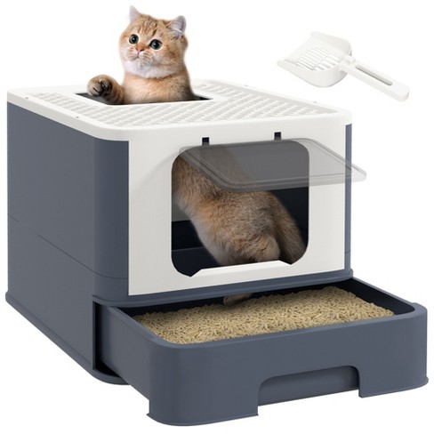 PawHut Cat Litter Box with Lid Covered Large Cat Litter Box with Scoop Front Entry and Top Exit for Large Adult Cats Up to 13 lbs. White