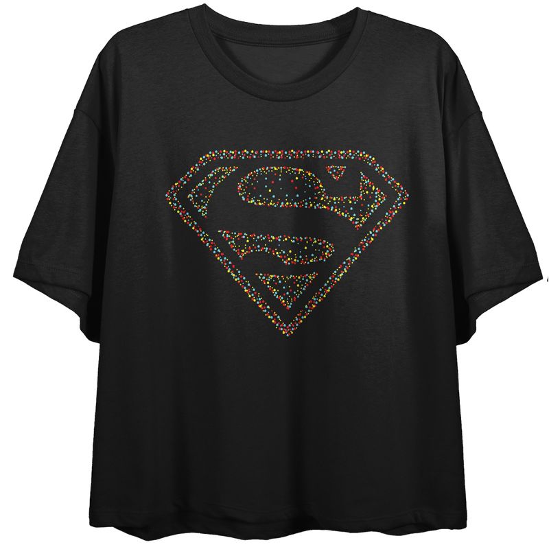Superman Shield Dotted Colors Crew Neck Short Sleeve Women's Black Crop T-shirt, 1 of 3