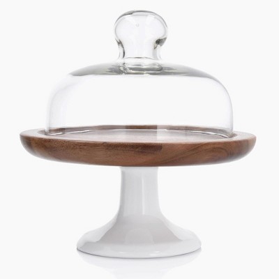 DUKA 8-Inch Acacia Platter With Glass Cover And Porcelain Stand