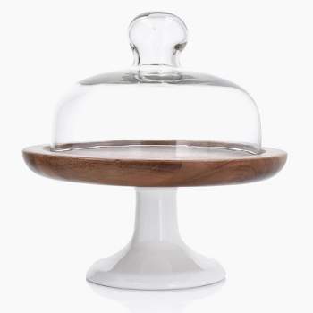 DUKA 8-Inch Acacia Platter With Glass Cover And Porcelain Stand