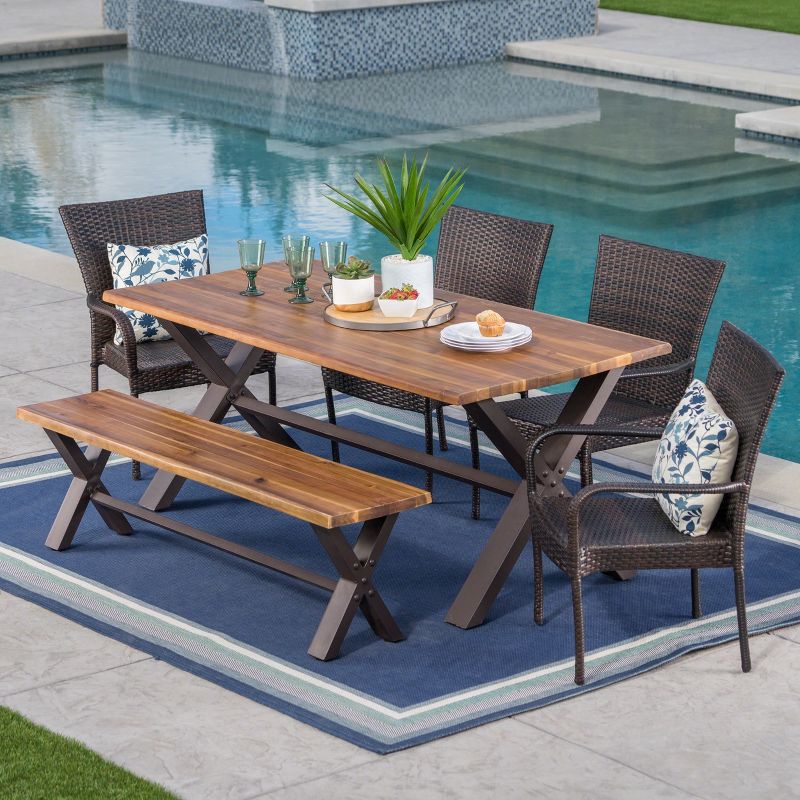 Bullerton 6pc Acacia & Wicker Dining Set - Teak/Brown - Christopher Knight Home, 1 of 6