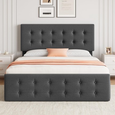 Bed Frame  and Headboard, Linen Upholstered Platform Bed Frame with Wooden Slats Support, Button Tufted Design