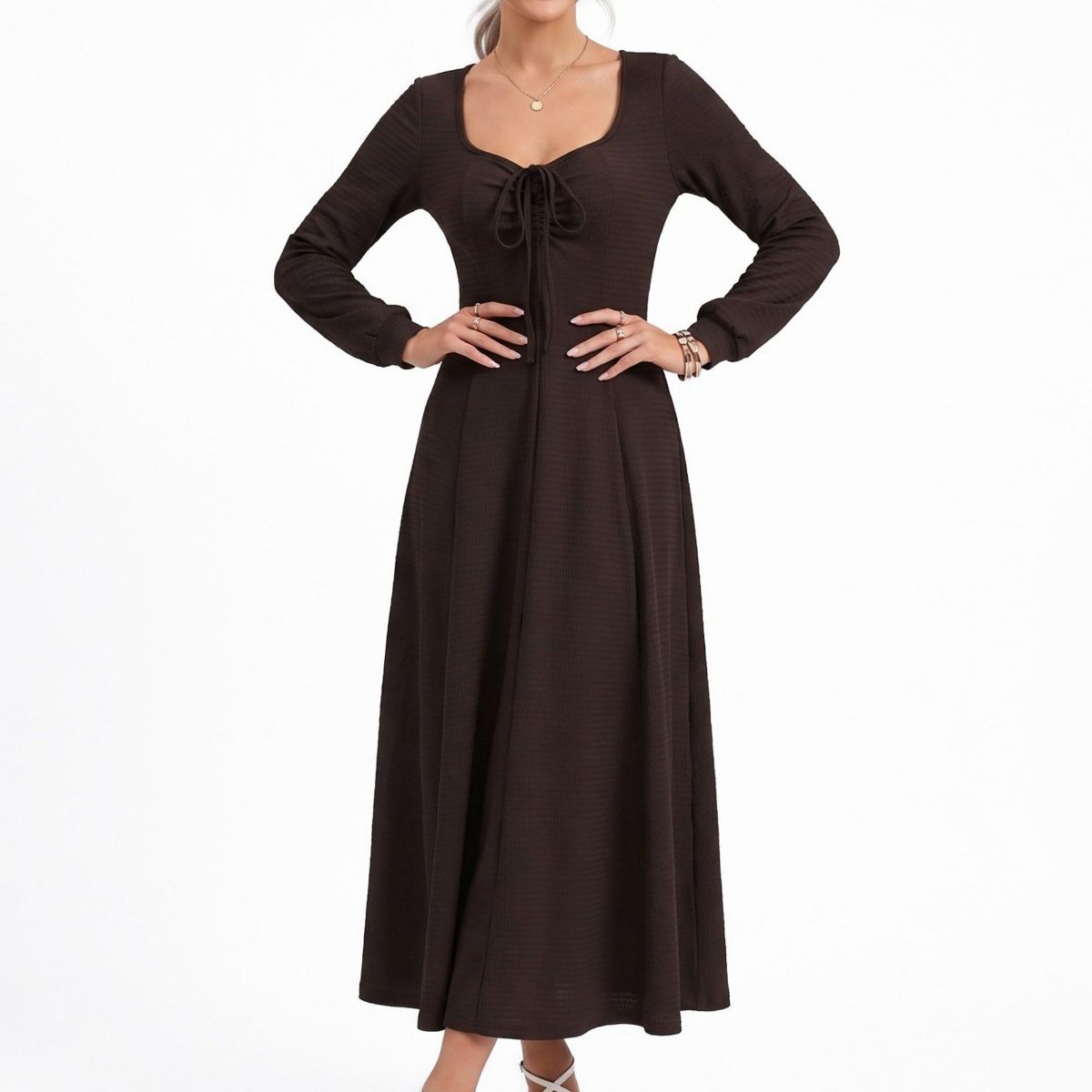 Anna-Kaci Women's Tie Front Maxi Dress Square Neck Long Sleeve Fit and Flare Textured Dress