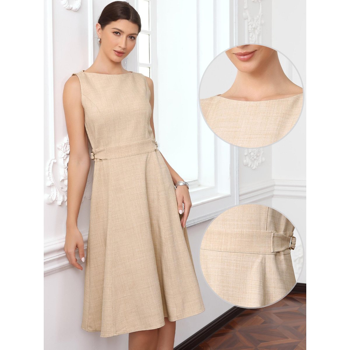 Женские платья INSPIRE CHIC Women's Business Casual Work Sleeveless Boat Neck A Line Midi Dresses Small Beige — фото 2