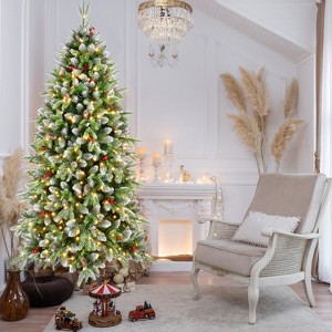 Racxily 7.5ft Artificial Christmas Tree:Pre-Lit (560 Lights) & Pre-Decorated (Frosted Pine,Cones, Berries),Perfect for Home/Office/Holiday Parties - 1 of 4