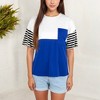 Anna-Kaci Women's Color Block T-Shirt with Striped Sleeves and Front Pocket Detail - 4 of 4