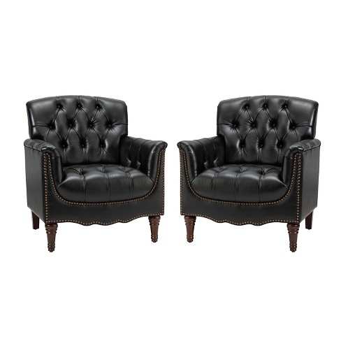 Set Of 2 Enrique Genuine Leather Armchair With Turned Legs 