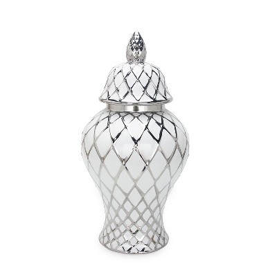 Gulches White and Silver Ceramic Decorative Jar with Lid