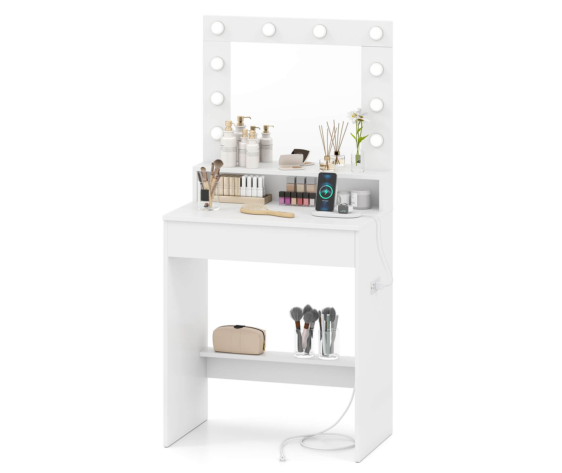 Costway Vanity Desk with Mirror and Lights with 3 Light Modes & Adjustable Brightness White