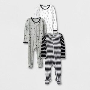 Baby 3pk Long Sleeve Pajama - Cloud Island Black/White/Gray 3-6M, Kids Unisex