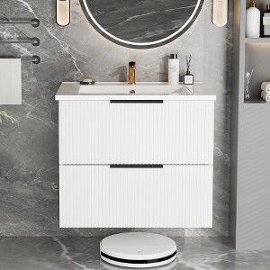 Lyngins 24" Floating Wall-Mounted Bathroom Vanity with Ceramic Sink, Modern Bathroom Fluted Vanity with Storage Cabinet – 2 Large Drawers, Matt White - 1 of 4