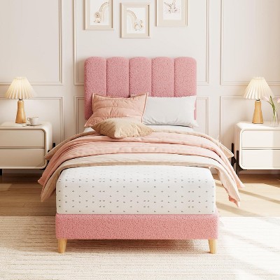 Twin/Twin-XL Bed Frame, Boucle Upholstered Platform Bed with Wave Headboard for Kids, Easy Assembly, Wooden Slats Support, No Box Spring Needed