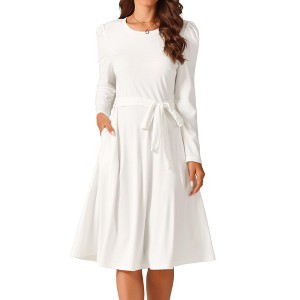 Seta T Women's Puff Long Sleeve Crewneck Knee Length Tie Waist Casual Dress with Pockets - 1 of 4