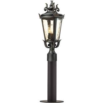 John Timberland Traditional Outdoor Post Light Fixture LED Matte Black 32 1/2" Champagne Hammered Glass House Patio Garden Yard