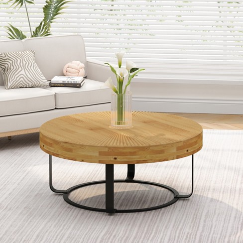31.5"w Modern Retro Round Coffee Table With Metal Legs, Pine Wood Table ...
