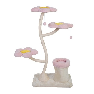 TopComfy Pet Tower Flower Shaped Multi Level Cat Tree Decorative Blooming Platforms Soft Bed Dangling Toys for Cats, Pink, 44.88"*19.3"*57.1"