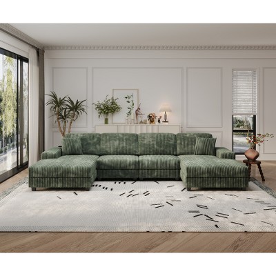 TIRAMISUBEST 122in Convertible Sofas U Shaped Sectional Modular Extra Wide Chaise Lounge Storage Armrests Modern Living Room Home Gym, Green