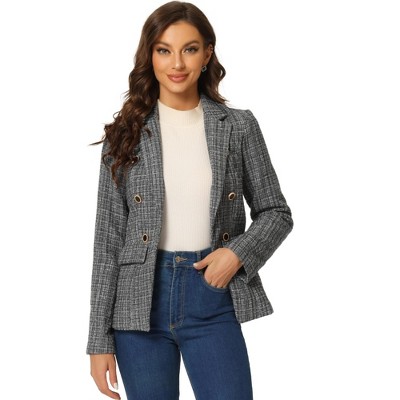 INSPIRE CHIC Women's Elegant Long Sleeve Open Front Buttons Decor Plaid Tweed Blazer