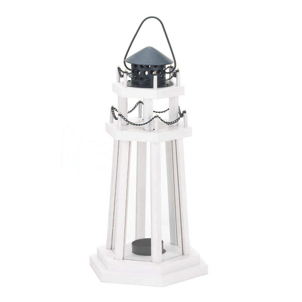 12" Iron/Wooden Lighthouse Point Outdoor Lantern White - Zingz & Thingz: Glass Panes, Galvanized Metal Top