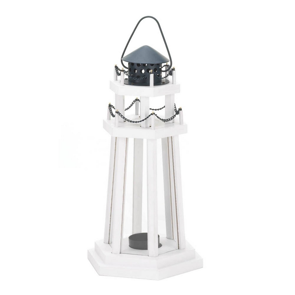 Photos - Figurine / Candlestick 12" Iron/Wooden Lighthouse Point Outdoor Lantern White - Zingz & Thingz: Glass Panes, Galvanized Metal Top